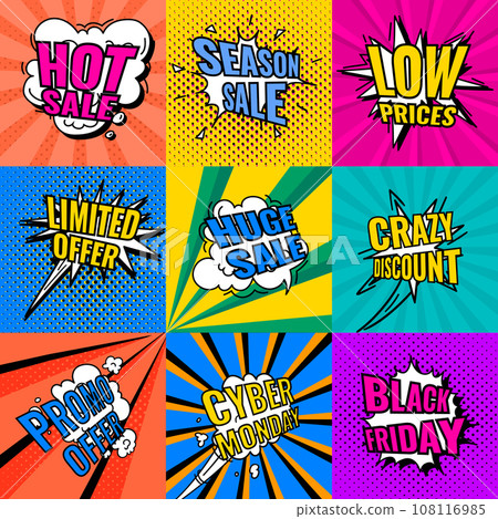 Cartoon Color Pop Art Comic Sale Discount Labels Stickers Set Concept Flat Design Style. Vector illustration of Label 108116985