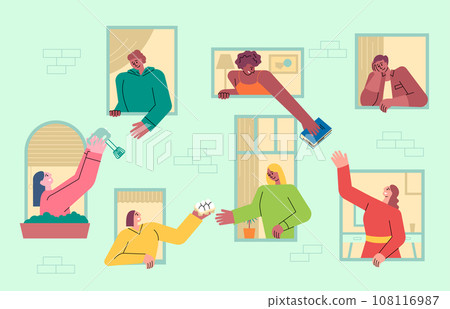 Cartoon Color Characters People Neighbors Sharing Things and Helping Each Other Concept Flat Design Style. Vector illustration 108116987