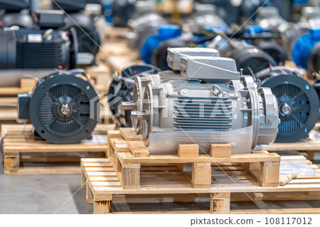 new electric motors on pallets in the warehouse 108117012