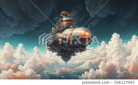 Painting style illustration Future air battleship landscape background material 108117093