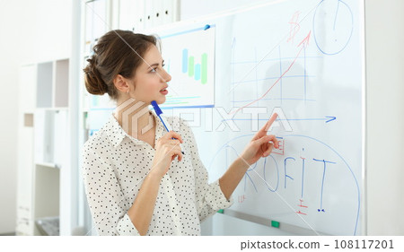 Portrait of attractive manager working in big modern office and discussing 108117201