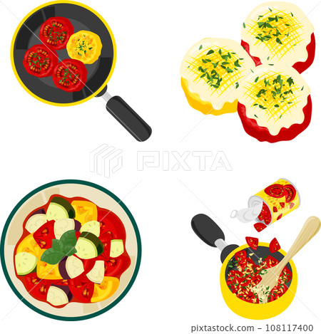 Icons of fresh and juicy tomato dishes such as grilled tomatoes, grilled cheese and ratatouille Icons of fresh and juicy tomato dishes such as grilled tomatoes, grilled cheese and ratatouille 108117400