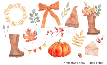 Collection of various autumn elements. Round wreath, frame, composition of boots and leaves. Agriculture, harvesting, gardening, husbandry. Thanksgiving Day. Hand drawn watercolor isolated art Collection of various autumn elements. Round wreath, frame, composition of boots and leaves. Agriculture, harvesting, gardening, husbandry. Thanksgiving Day. Hand drawn watercolor isolated art 108117808