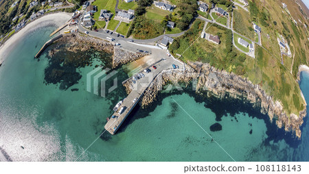 Aerial view of the pier at Leabgarrow on Arranmore Island in County Donegal, Republic of Ireland Aerial view of the pier at Leabgarrow on Arranmore Island in County Donegal, Republic of Ireland 108118143