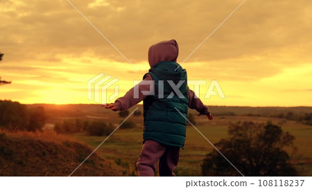 Little child spreads arms and waves hands playing airplane in wild park at sunset 108118237