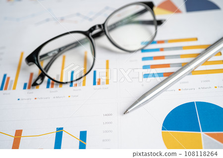 Eyeglass with pen on chart graph paper. Finance, account, statistic, investment data economy, stock exchange business. 108118264