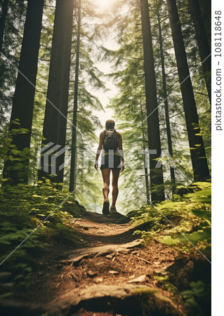AI-generated content. Rear view of person on rock trail, hiker trekking or walking of footpath 108118648