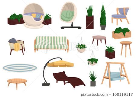 Garden outdoor furniture set. Set of Outdoor, porch zone, garden furniture with potted plants illustration Garden outdoor furniture set. Set of Outdoor, porch zone, garden furniture with potted plants illustration 108119117