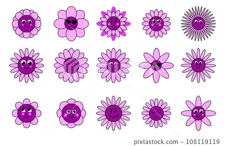 Flowers with cartoon funny smiling faces. Groovy flower cartoon characters. Funny happy daisy with eyes and smile. Kids logo design with daisies vector set. 108119119