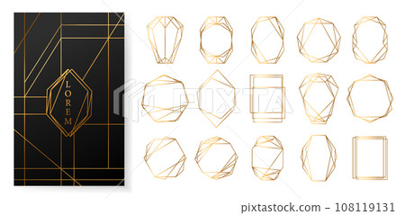 Gold set with geometrical polyhedron art decoration style for wedding invitation. Luxury elegant templates, decorative patterns 108119131
