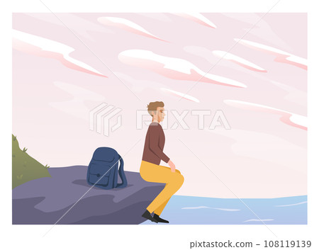 Set of people look into future vector flat illustration. People travel in nature, looking at sky horizons, clouds, stars set. Outdoor summer adventures 108119139