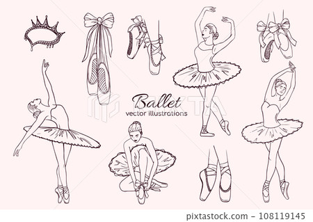 Hand drawn sketch ballet set. Shapes of ballerina, pointe shoe and dress. Linear brush sketch with shadow silhouettes. Pastel contour drawing templates. Hand drawn sketch ballet set. Shapes of ballerina, pointe shoe and dress. Linear brush sketch with shadow silhouettes. Pastel contour drawing templates. 108119145
