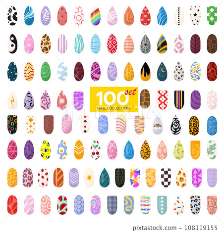 Ideas of nails design art. Bright colorful manicure set. Colorful glossy decorative polish collection with texture and print for finger nail. Ideas of nails design art. Bright colorful manicure set. Colorful glossy decorative polish collection with texture and print for finger nail. 108119155