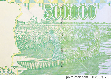 Family in canoe from Zaire money Family in canoe from Zaire money 108119178