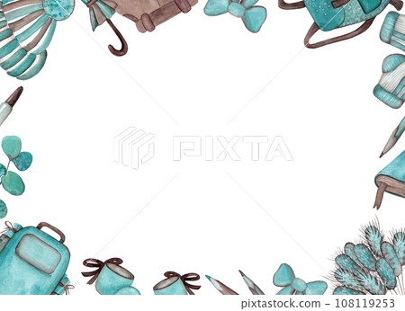 Clothes and accessories this fall are in mint brown tones: shorts, hat, umbrella and shoes. Rectangular watercolor frame for your design Clothes and accessories this fall are in mint brown tones: shorts, hat, umbrella and shoes. Rectangular watercolor frame for your design 108119253