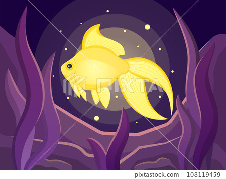 Gold fish in sea, underwater life, seaweeds. Cartoon vector illustration 108119459