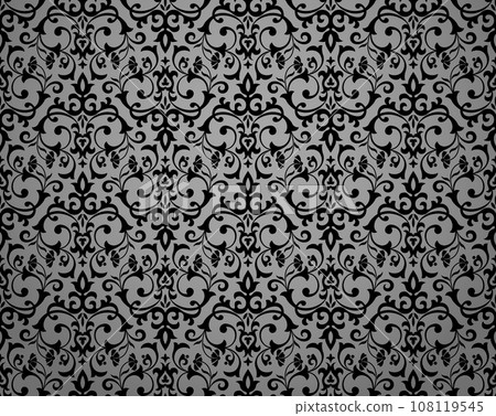 Wallpaper in the style of Baroque. Seamless vector background. Black and gray floral ornament. Graphic pattern for fabric, wallpaper, packaging. Ornate Damask flower ornament Wallpaper in the style of Baroque. Seamless vector background. Black and gray floral ornament. Graphic pattern for fabric, wallpaper, packaging. Ornate Damask flower ornament 108119545