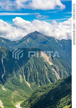 Mt. Yarigatake, Japan's 100 Famous Mountains in Nagano Prefecture, seen from the ridgeline of Mt. Nakadake and Mt. Okuidake. 108120172