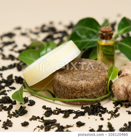 Solid shampoos made from ginger, green tea and oils. Natural cosmetics for hair care. Solid shampoos made from ginger, green tea and oils. Natural cosmetics for hair care. 108120460