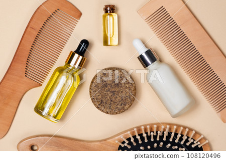 Natural Hair Care Concept - Solid Shampoo, Oils and Serums, Wooden Combs 108120496