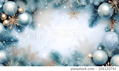 Christmas frame of spruce branches and balls in cyan colors. Banner, copy space. Postcard, greeting Christmas frame of spruce branches and balls in cyan colors. Banner, copy space. Postcard, greeting 108120742