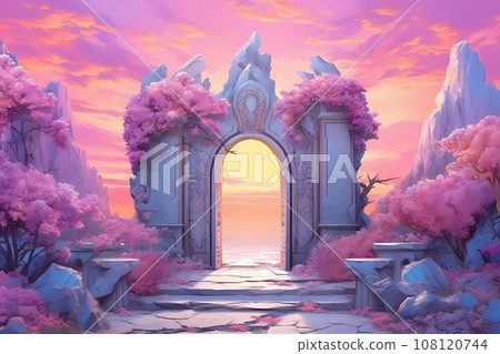 Fantastic paradise gate decorated with outlandish plants and flowers against pink sunset. Columns with an arch. Road to paradise Fantastic paradise gate decorated with outlandish plants and flowers against pink sunset. Columns with an arch. Road to paradise 108120744