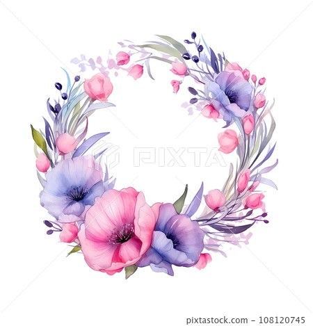 Watercolor wreath of pink and purple eustoma flowers. Isolate. For wedding invitations, cards Watercolor wreath of pink and purple eustoma flowers. Isolate. For wedding invitations, cards 108120745