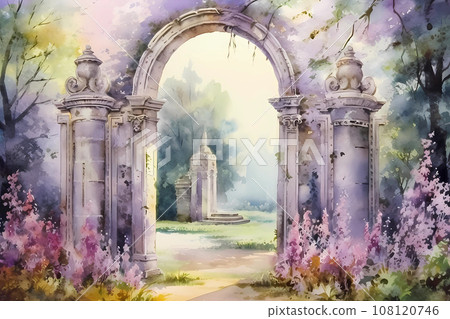 Fantastic gates of paradise decorated with outlandish plants and flowers. Columns with an arch. The way to heaven Fantastic gates of paradise decorated with outlandish plants and flowers. Columns with an arch. The way to heaven 108120746