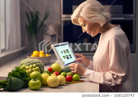 senior woman makes vegetable smoothie in kitchen while looking up recipe on her phone screen 108120747