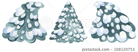 Christmas symbol green spruce.Watercolor illustration of snow-covered fir trees isolated on white background. Hand-drawn for cutting, poster, decoration for cards. 108120753