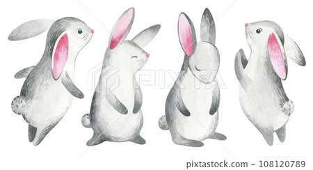 Woodland baby animals. Set of watercolor illustrations of gray hares with pink ears isolated on a white background. Drawing of cartoon characters hand drawn for baby print, baby shower, poster. Woodland baby animals. Set of watercolor illustrations of gray hares with pink ears isolated on a white background. Drawing of cartoon characters hand drawn for baby print, baby shower, poster. 108120789
