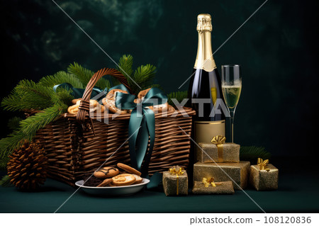 Christmas gift hamper with bottle of sparkling wine and golden balls. Generative AI 108120836