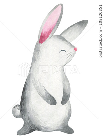 Grey little hare on an isolated white background. Hand drawn watercolor illustration of wild forest animal for print baby design, logo, baby shower invitation. Grey little hare on an isolated white background. Hand drawn watercolor illustration of wild forest animal for print baby design, logo, baby shower invitation. 108120851