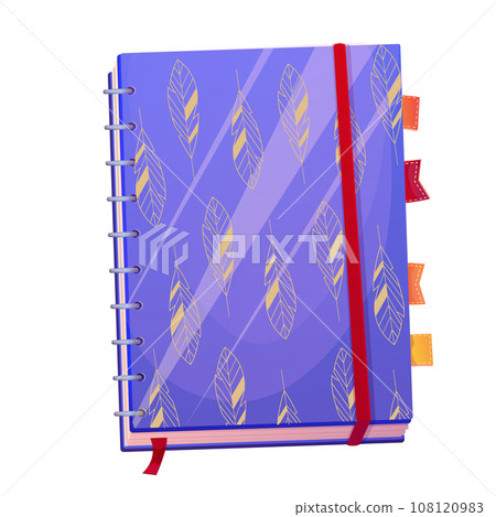 Notebook closed with spiral, marks decorated with boho feathers top view in cartoon style isolated on white background. Office, school diary. Notebook closed with spiral, marks decorated with boho feathers top view in cartoon style isolated on white background. Office, school diary. 108120983