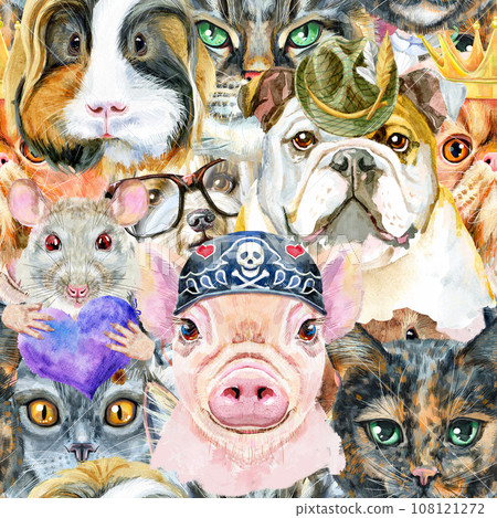 Seamless pattern of dog, guinea pig, cat, mini pig and rat. Watercolor hand drawn illustration Seamless pattern of dog, guinea pig, cat, mini pig and rat. Watercolor hand drawn illustration 108121272