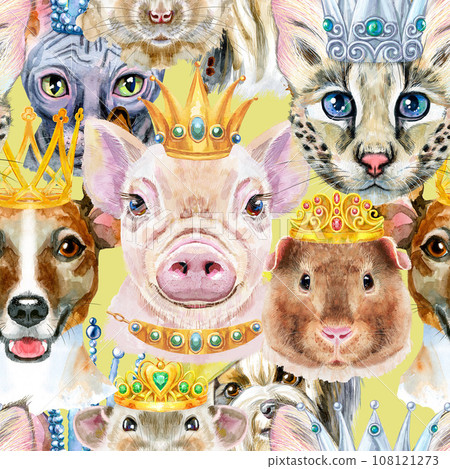 Seamless pattern of of dog, guinea pig, cat, mini pig and rat. Watercolor pets illustration. Watercolor hand drawn illustration Seamless pattern of of dog, guinea pig, cat, mini pig and rat. Watercolor pets illustration. Watercolor hand drawn illustration 108121273