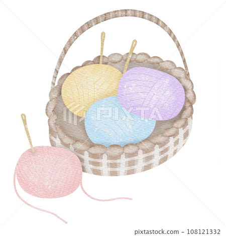 Basket full of yarn balls and needles Basket full of yarn balls and needles 108121332