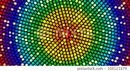 Bright radial rainbow mosaic of square tiles with luminous elements Bright radial rainbow mosaic of square tiles with luminous elements 108121879
