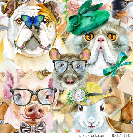 Seamless pattern of of dog, guinea pig, cat, mini pig and rat. Watercolor pets illustration. Watercolor hand drawn illustration 108121958