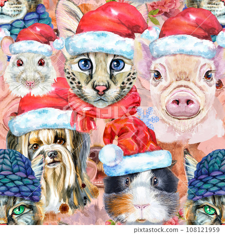 Seamless pattern of of dog, guinea pig, cat, mini pig and rat. Watercolor pets illustration. Watercolor hand drawn illustration Seamless pattern of of dog, guinea pig, cat, mini pig and rat. Watercolor pets illustration. Watercolor hand drawn illustration 108121959
