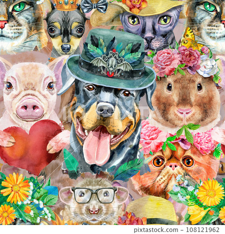 Seamless pattern of of dog, guinea pig, cat, mini pig and rat. Watercolor pets illustration. Watercolor hand drawn illustration 108121962