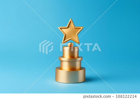 Gold winners award with star. Star trophy for a winner or champion. Rating golden star symbol of customer satisfaction review service, best quality ranking. Concept of great feedback experience 108122214