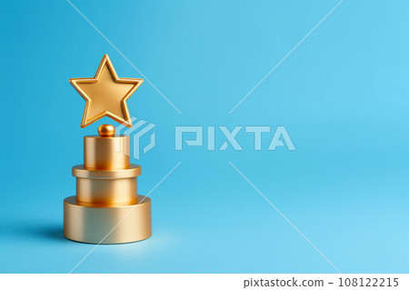 Gold winners award with star. Star trophy for a winner or champion. Rating golden star symbol of customer satisfaction review service, best quality ranking. Concept of great feedback experience 108122215