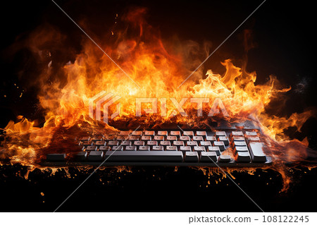 Burning keyboard on black background. Burnout syndrome, deadline, burnout at work. Computer keyboard on fire as a symbol of stress, restless, anxiety, mental health problems, anger, panic, overwork 108122245
