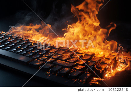 Burning keyboard on black background. Burnout syndrome, deadline, burnout at work. Computer keyboard on fire as a symbol of stress, restless, anxiety, mental health problems, anger, panic, overwork Burning keyboard on black background. Burnout syndrome, deadline, burnout at work. Computer keyboard on fire as a symbol of stress, restless, anxiety, mental health problems, anger, panic, overwork 108122248
