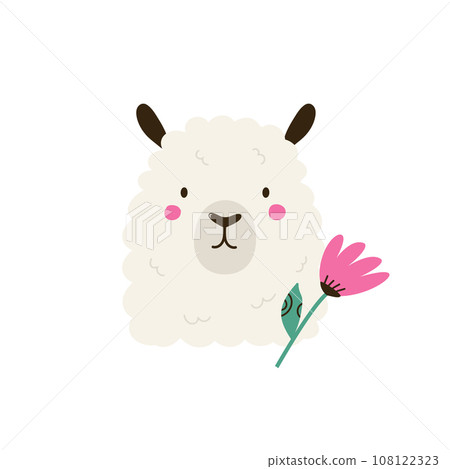 Childish print, hand drawn vector illustration with portrait of a funny llama and flower 108122323