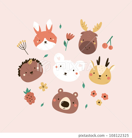 Childish print, vector illustration with portraits of cute forest animals - rabbit, deer, hedgehog, bear, deer, mouse Childish print, vector illustration with portraits of cute forest animals - rabbit, deer, hedgehog, bear, deer, mouse 108122325