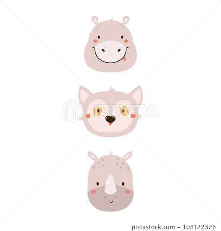 Childish print, vector illustration with portraits of cute African animals - hippo, lemur, rhino 108122326