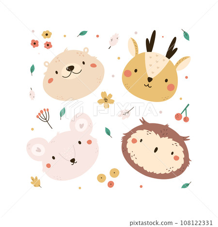 Childish print, vector illustration with portraits of forest animals - owl, mouse, deer, bear and botanical elements Childish print, vector illustration with portraits of forest animals - owl, mouse, deer, bear and botanical elements 108122331
