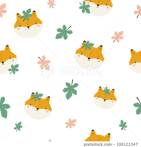 Seamless pattern with faces of cute foxes and chestnut leaves Seamless pattern with faces of cute foxes and chestnut leaves 108122347